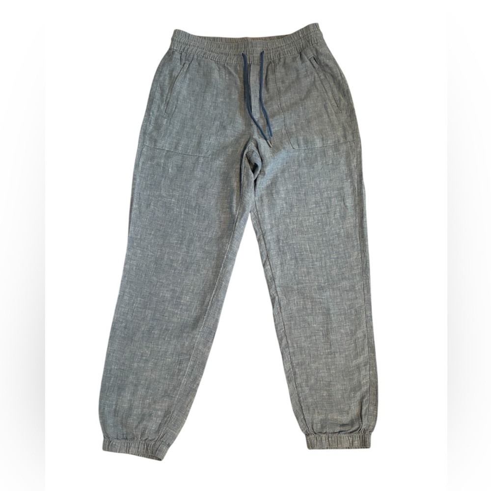 Athleta Retreat Linen Jogger Pants Blue Chambray Gray Melange Women’s 10